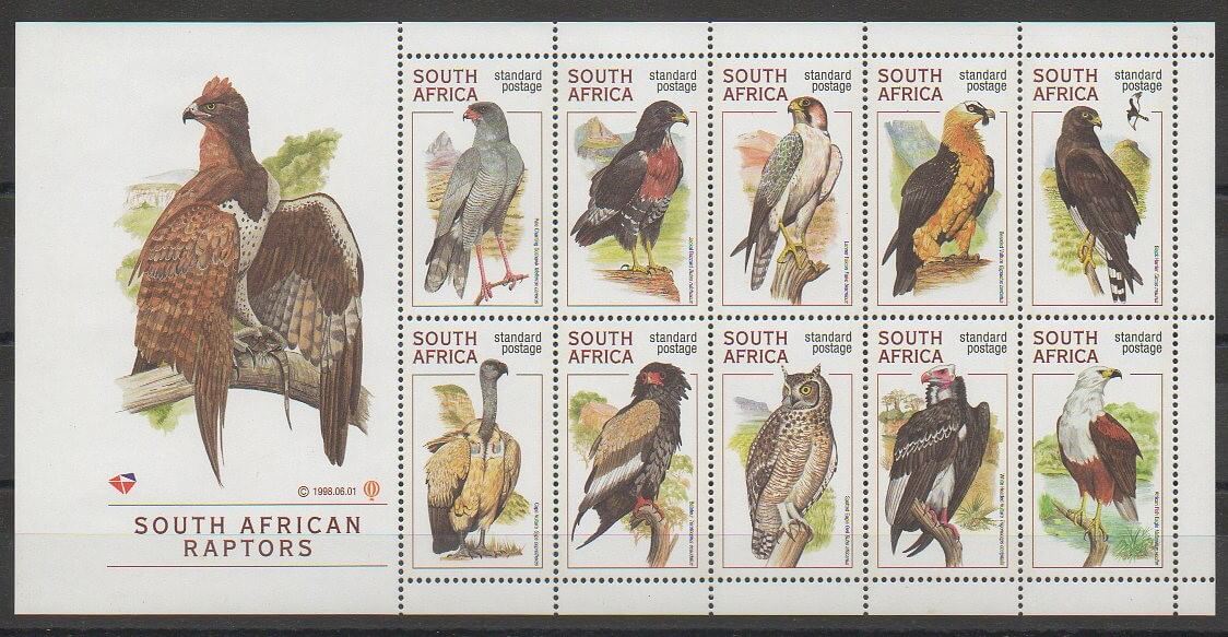 Timbres d'Afrique du Sud représentant des rapaces africains de 1998