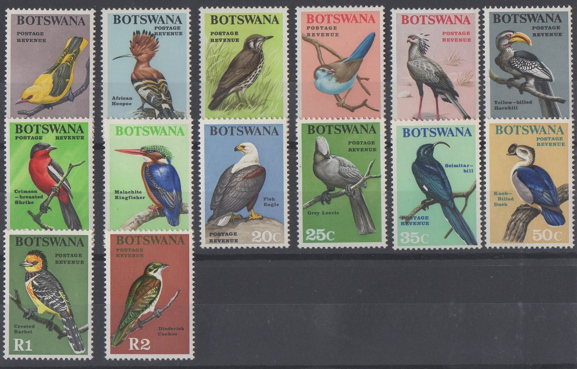 Timbres du Botswana de 1967 représentant des oiseaux