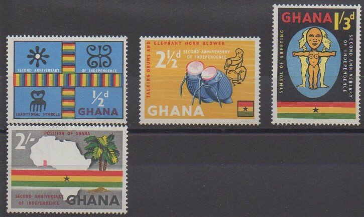 Série de timbres du Ghana émise en 1959 à l’occasion du second anniversaire de l’indépendance (N°35 à 38)