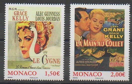 Timbres de Monaco sur le cinéma et notamment Grace Kelly. timbre de 2015 n° 2956 et 2957