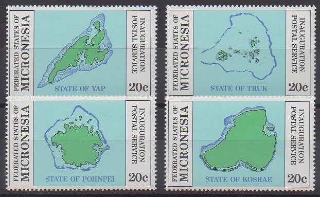 Série de 4 timbres de 1984 représentant les 4 groupes d’îles de la Micronésie