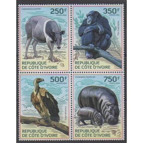 Côte d'Ivoire - 2014 - No 1298/1301 - Animaux - Espèces menacées - WWF