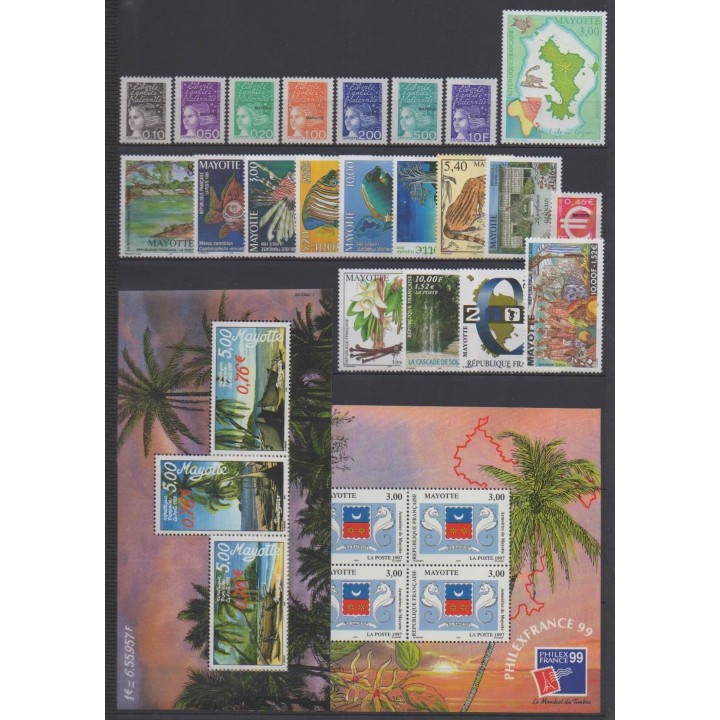 Buy the stamps and the 2 souvenir sheets of Mayotte of the year 1999 (Nb 62/80 - PA4 - BF1/BF2).
