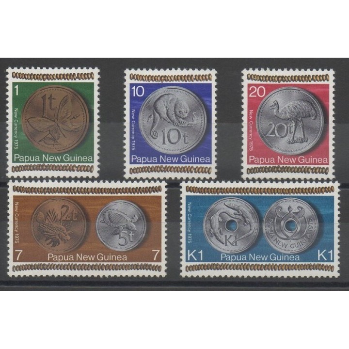 Timbres - monnaies et billets - Papouasie-Nouvelle-Guinée - 1975 - No 282/286