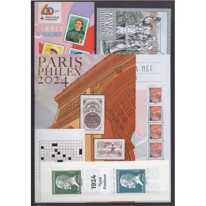 Buy the stamps and the 21 souvenir sheets of France of the year 2024 (Nb 5739/5837 - PA94 - S185/S186 - BF157/BF158).