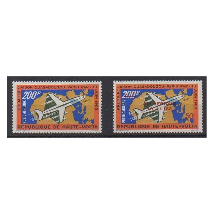 Acheter ces timbres de Haute-Volta de l'année 1963 (No PA8 et PA10).