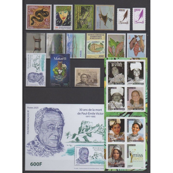 Acheter les timbres et le bloc-feuillet de Polynésie  de l'année 2025 (15 timbres - 1 carnet - 1 bloc-feuillet).