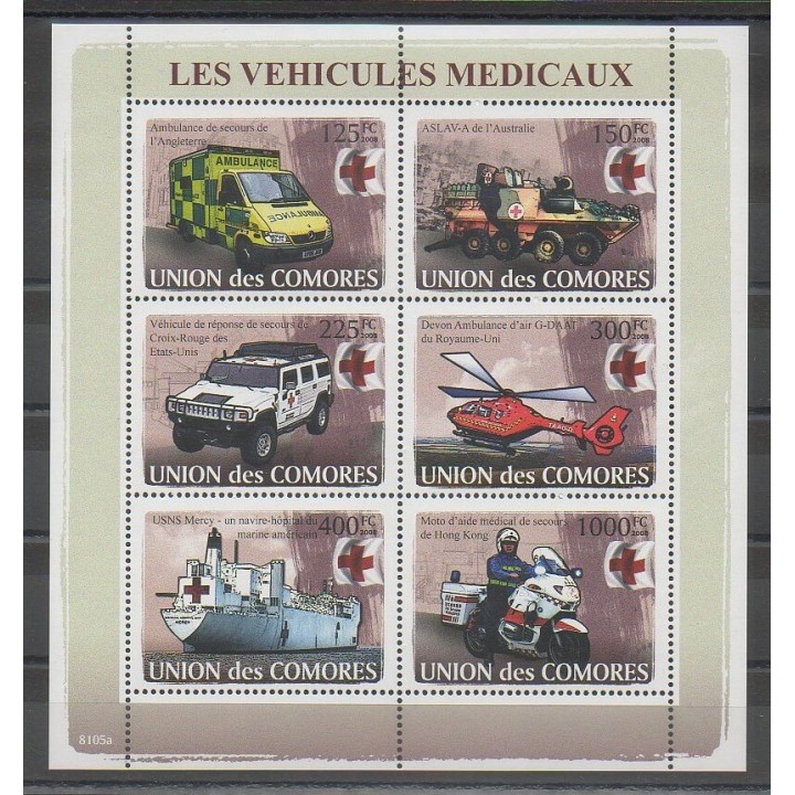 Timbres - Comores - 2008 - No 1219/1224 - Voitures - Santé ou Croix-Rouge