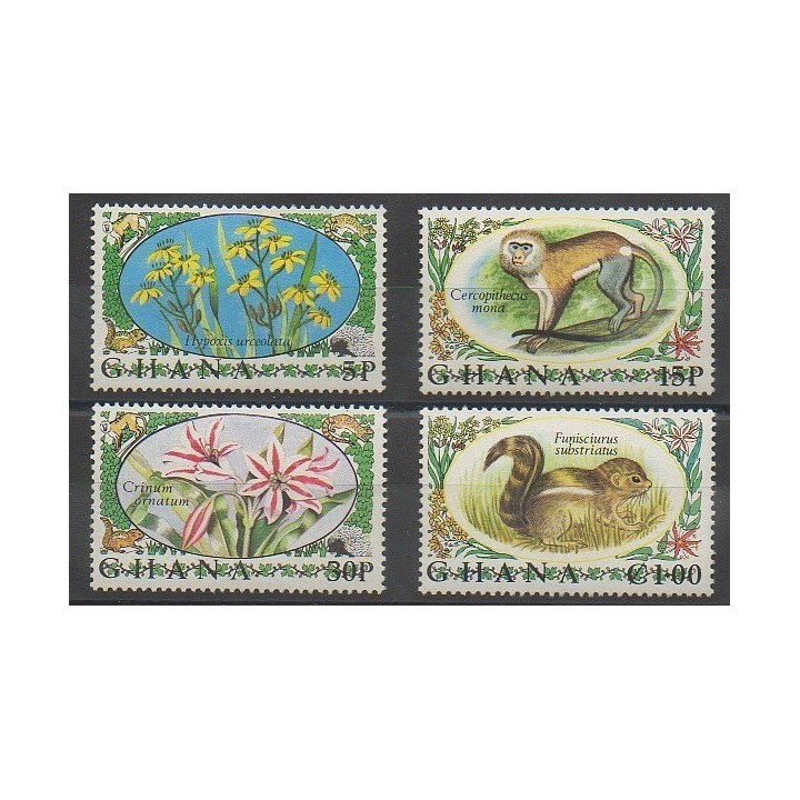 Timbres - Ghana - 1972 - No 435/438 - Fleurs  - Mammifères