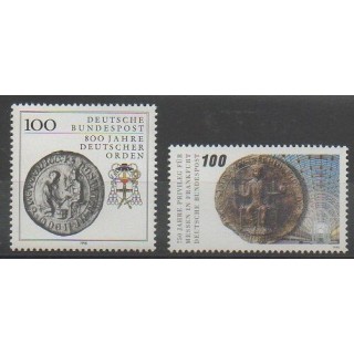 Timbres - Allemagne occidentale (RFA) - 1990 - No 1283/1284 - Monnaies, billets ou médailles