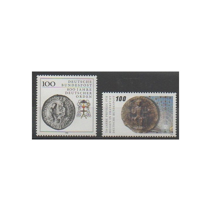 Timbres - Allemagne occidentale (RFA) - 1990 - No 1283/1284 - Monnaies, billets ou médailles