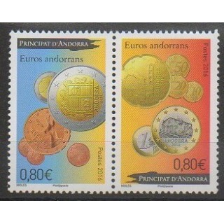 Timbres - Andorre - 2016 - No 777/778 - Monnaies, billets ou médailles