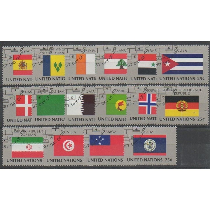 Timbres - Nations Unies (ONU - New-York) - 1988 - No 521/536 - Drapeaux - Oblitéré