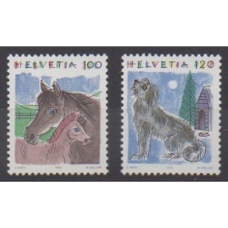 Timbres - Suisse - 1993 - No 1419/1420 - Chevaux - Chiens