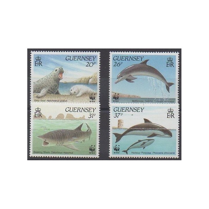 Timbres - Guernesey - 1990 - No 499/502 - Mammifères - Animaux marins - Espèces menacées - WWF