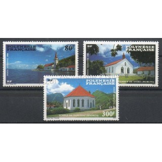 Timbres - Thème églises - Polynésie - Poste aérienne - 1986- No PA 193/PA 195
