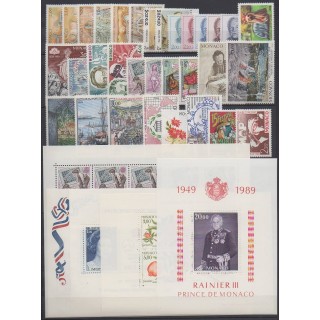 Acheter les timbres et les 5 blocs-feuillets de Monaco  de l'année 1989 (No 1663/1704 - BF44/BF48).