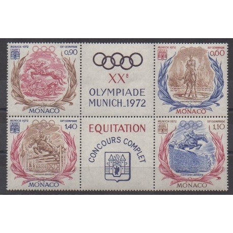 Monaco - 1972 - No 890/893 avec vignette - Jeux Olympiques d'été - Chevaux
