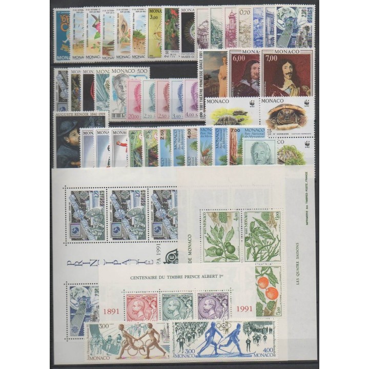 Acheter les timbres et les 3 blocs-feuillets de Monaco  de l'année 1991 (No 1753/1809 - BF52/BF54).