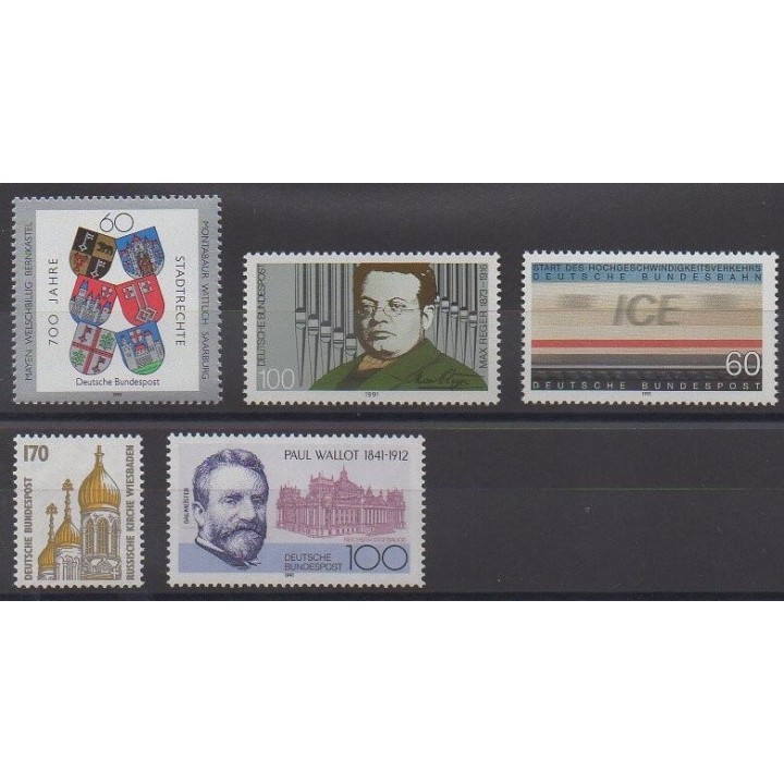 Acheter cette série de timbres d'Allemagne réunifiée de l'année 1991 (No 1360/1364).